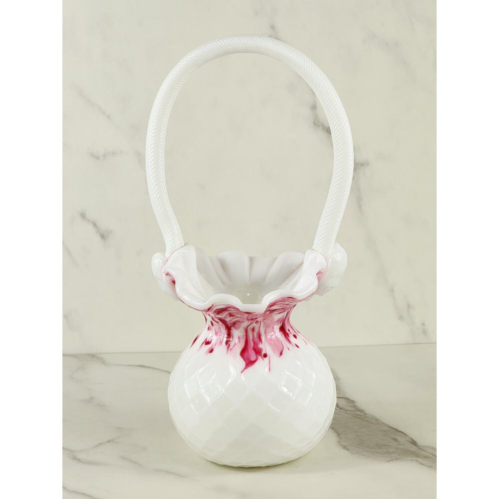 Vase Ruffled Rime w/ Face on Handle 11" Art Milk Glass Basket 80's White Pink